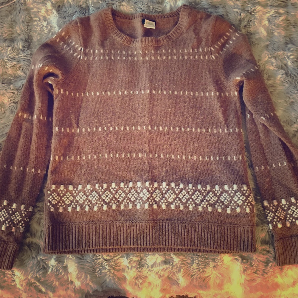 J Crew camel-colored crew neck with winter pattern